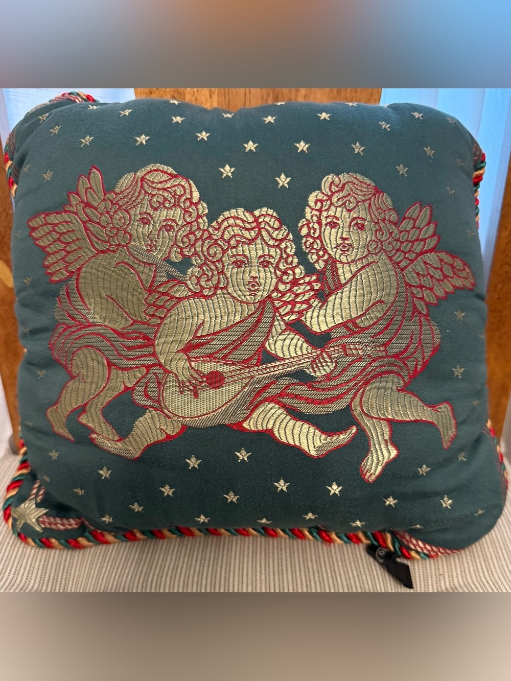 Portofino Embroidered 3 Cherubs Decorative Vintage Pillow Emerald Green Gold Red